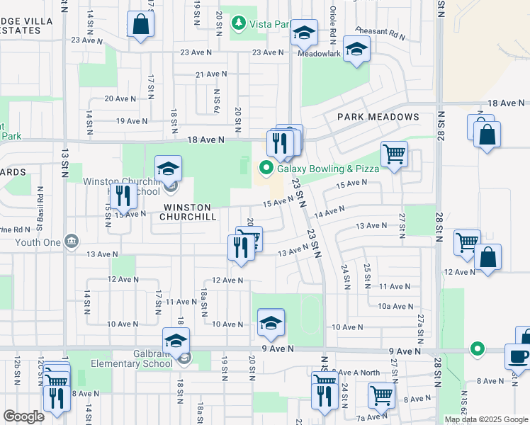 map of restaurants, bars, coffee shops, grocery stores, and more near 2011 14 Avenue North in Lethbridge