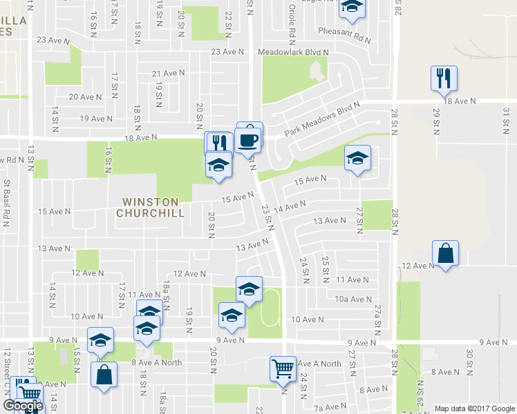 map of restaurants, bars, coffee shops, grocery stores, and more near 1412 23 Street North in Lethbridge