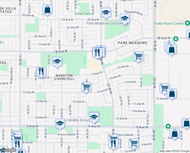 map of restaurants, bars, coffee shops, grocery stores, and more near 2110 15 Avenue North in Lethbridge
