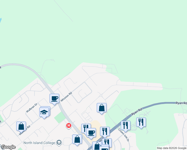 map of restaurants, bars, coffee shops, grocery stores, and more near 3200 Mission Road in Courtenay