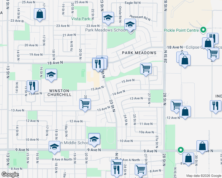 map of restaurants, bars, coffee shops, grocery stores, and more near 1426 24 Street North in Lethbridge