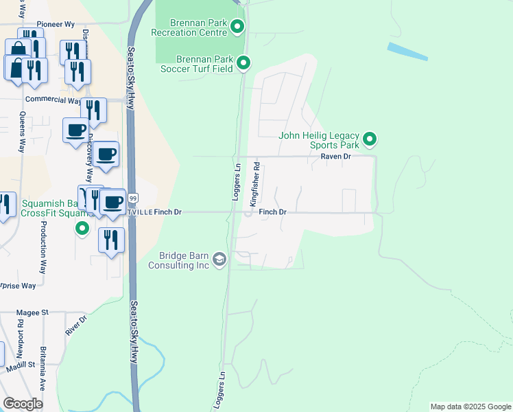 map of restaurants, bars, coffee shops, grocery stores, and more near 39010 Kingfisher Road in Squamish