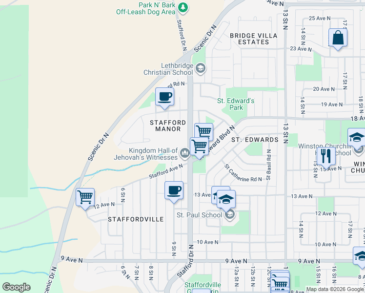 map of restaurants, bars, coffee shops, grocery stores, and more near 1606 Stafford Drive North in Lethbridge