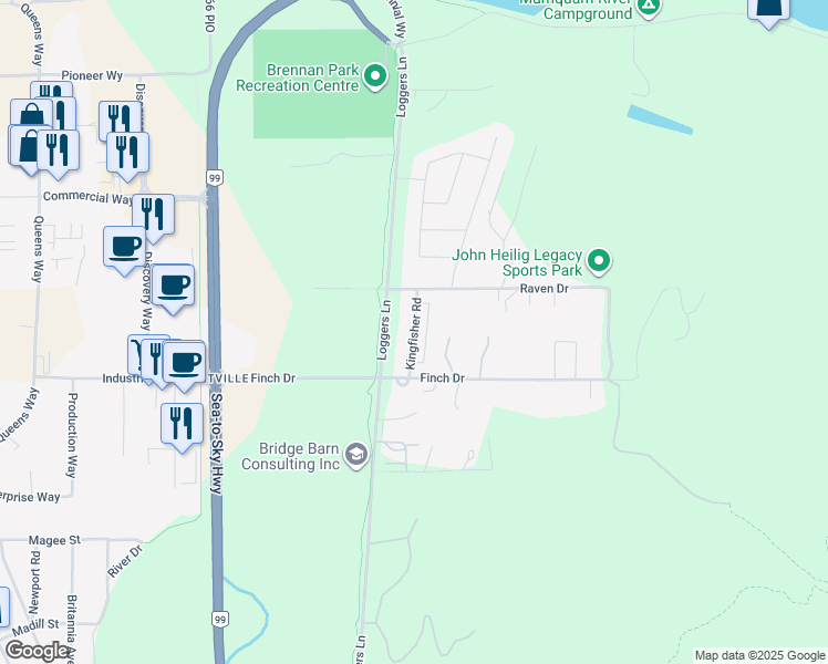 map of restaurants, bars, coffee shops, grocery stores, and more near Kingfisher Drive in Squamish