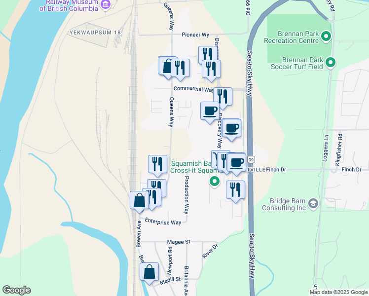 map of restaurants, bars, coffee shops, grocery stores, and more near 38936 Queens Way in Squamish