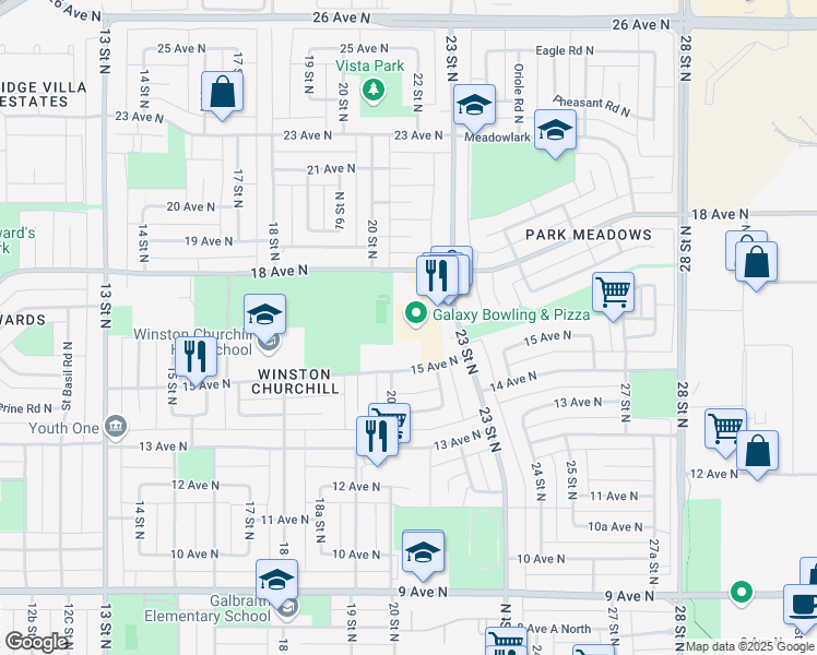 map of restaurants, bars, coffee shops, grocery stores, and more near 1702 23 Street North in Lethbridge