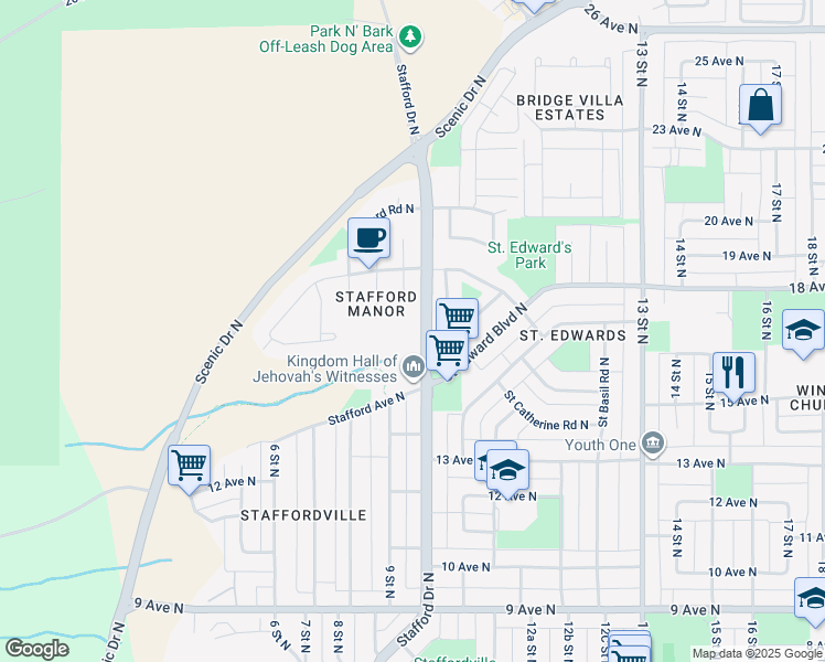 map of restaurants, bars, coffee shops, grocery stores, and more near 225 Stafford Bay North in Lethbridge