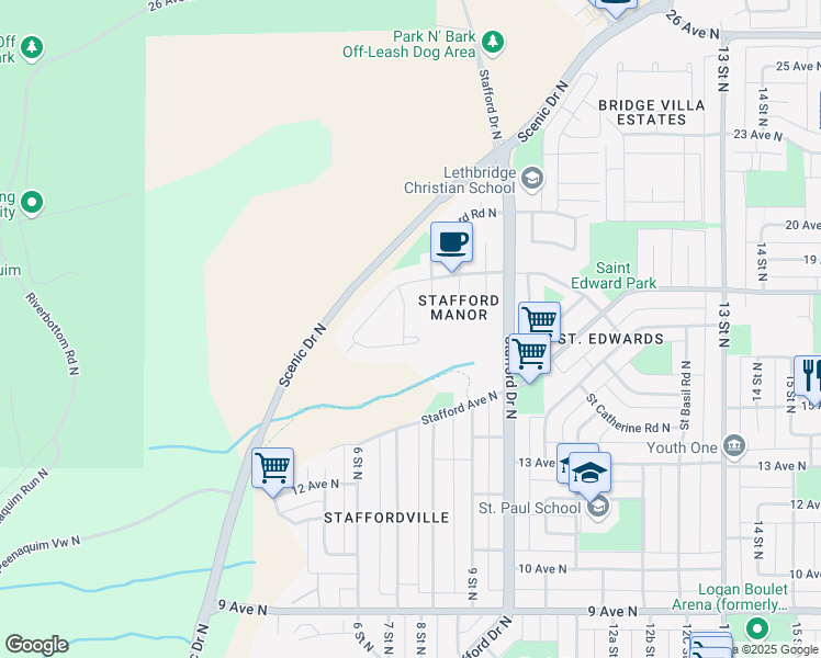 map of restaurants, bars, coffee shops, grocery stores, and more near 263 Stafford Boulevard North in Lethbridge