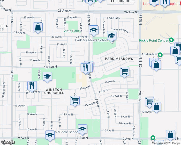 map of restaurants, bars, coffee shops, grocery stores, and more near 1601 23 Street North in Lethbridge