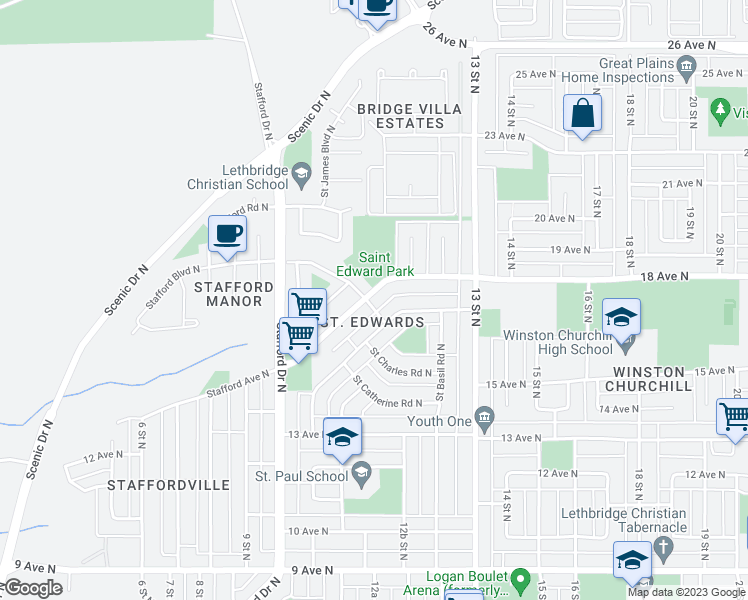 map of restaurants, bars, coffee shops, grocery stores, and more near 1701 Saint Edward Boulevard North in Lethbridge