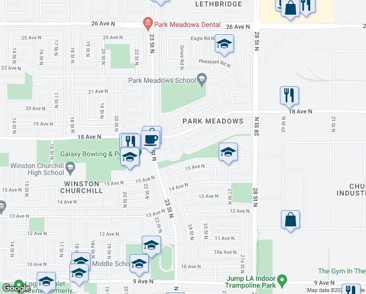 map of restaurants, bars, coffee shops, grocery stores, and more near 10 Honeysuckle Road North in Lethbridge