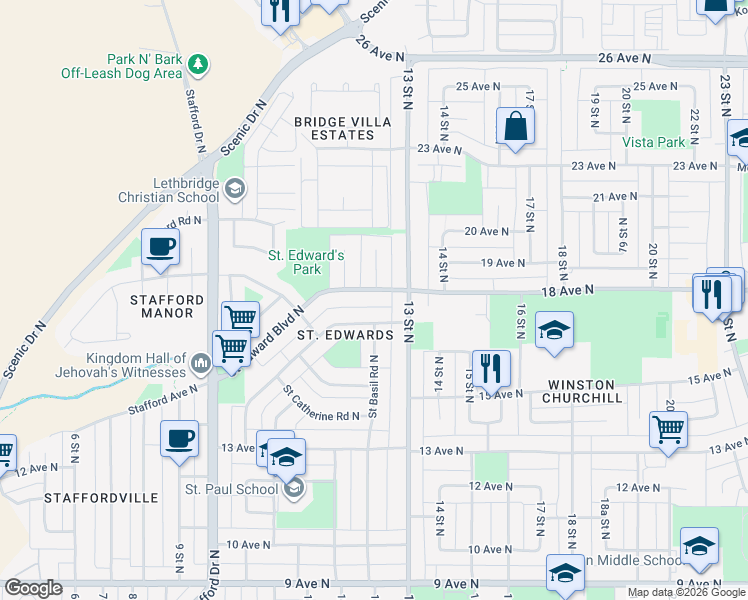 map of restaurants, bars, coffee shops, grocery stores, and more near 1739 Saint Edward Boulevard North in Lethbridge