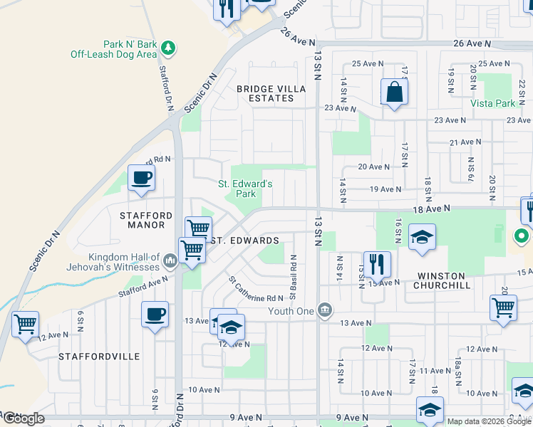 map of restaurants, bars, coffee shops, grocery stores, and more near 1721 Saint Edward Boulevard North in Lethbridge