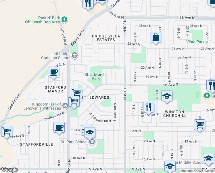 map of restaurants, bars, coffee shops, grocery stores, and more near 1727 Saint Edward Boulevard North in Lethbridge