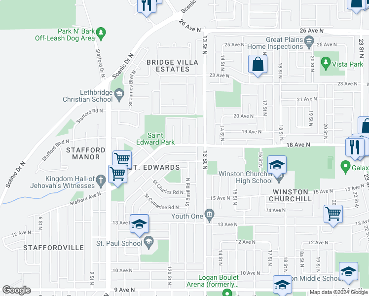 map of restaurants, bars, coffee shops, grocery stores, and more near 1735 Saint Edward Boulevard North in Lethbridge