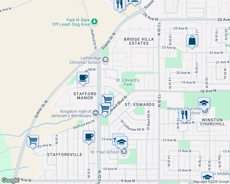 map of restaurants, bars, coffee shops, grocery stores, and more near 1550 Saint Francis Road North in Lethbridge