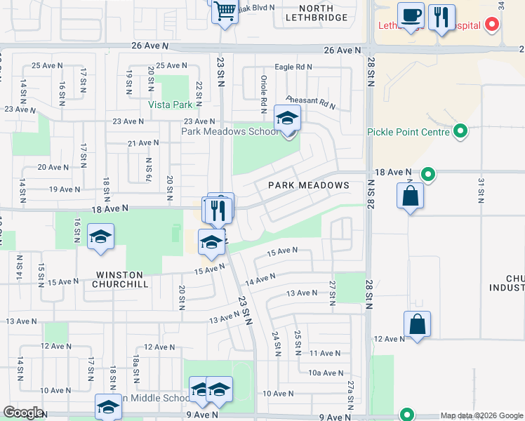 map of restaurants, bars, coffee shops, grocery stores, and more near 10 Honeysuckle Road North in Lethbridge