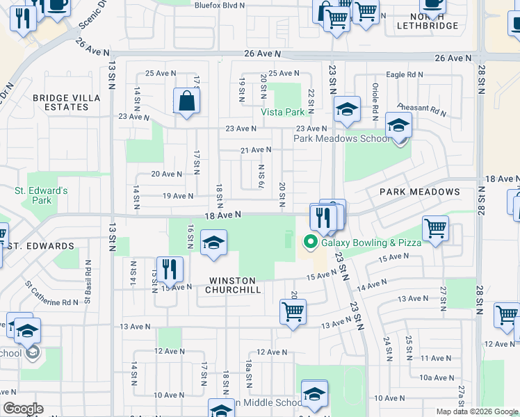 map of restaurants, bars, coffee shops, grocery stores, and more near 1915 18 Avenue North in Lethbridge