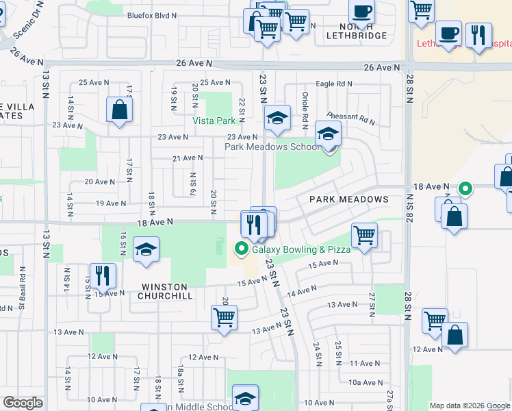 map of restaurants, bars, coffee shops, grocery stores, and more near 1902 23 Street North in Lethbridge