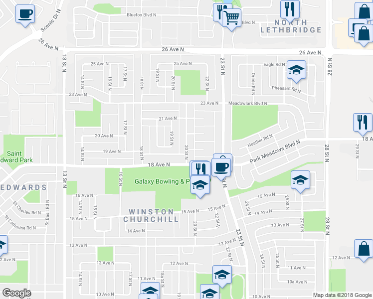 map of restaurants, bars, coffee shops, grocery stores, and more near 1817 20 Street North in Lethbridge