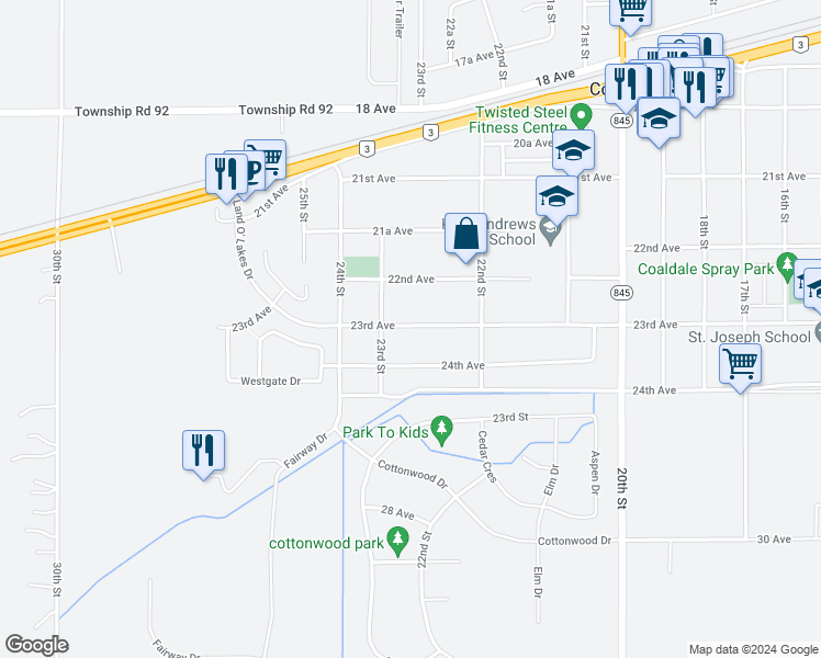 map of restaurants, bars, coffee shops, grocery stores, and more near 2227 23rd Avenue in Coaldale