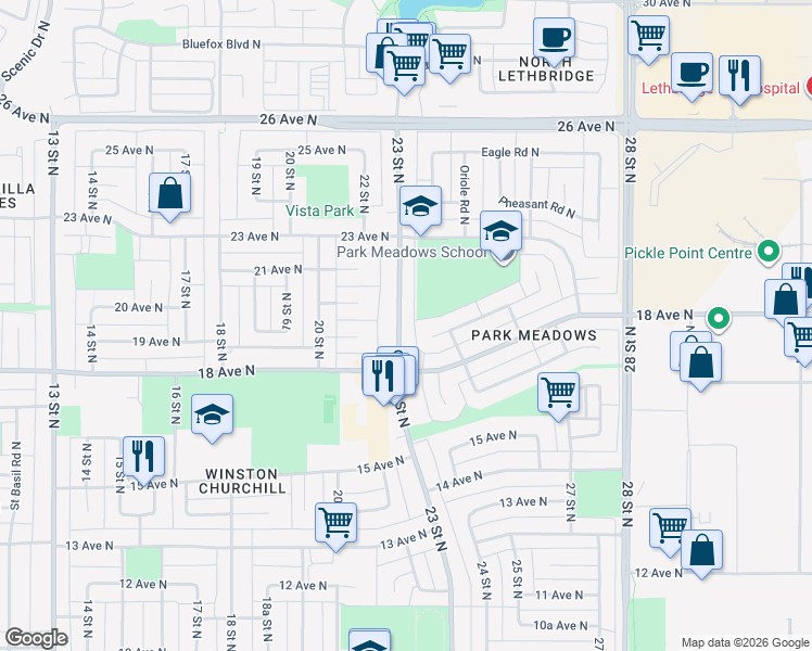 map of restaurants, bars, coffee shops, grocery stores, and more near 1905 23 Street North in Lethbridge