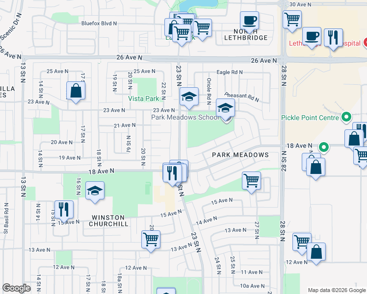 map of restaurants, bars, coffee shops, grocery stores, and more near 1909 23 Street North in Lethbridge