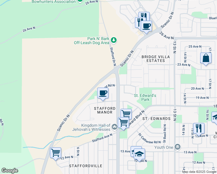 map of restaurants, bars, coffee shops, grocery stores, and more near 63 Stafford Road North in Lethbridge