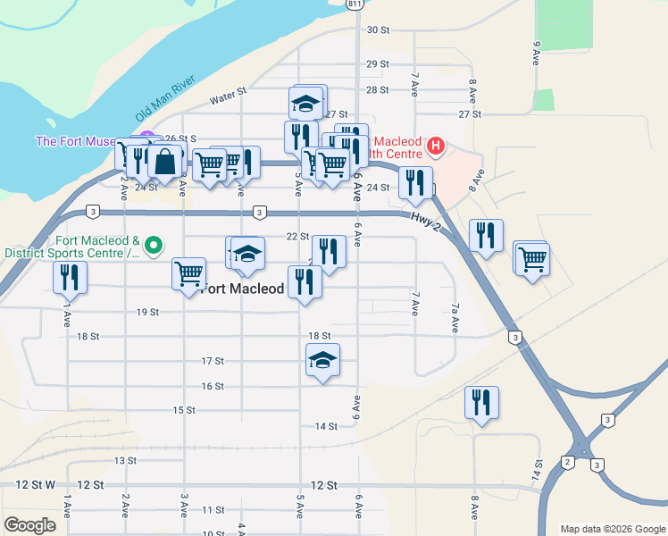 map of restaurants, bars, coffee shops, grocery stores, and more near 545 21 Street in Macleod
