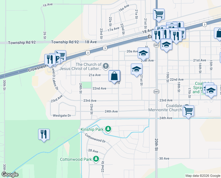 map of restaurants, bars, coffee shops, grocery stores, and more near 2209 22nd Avenue in Coaldale