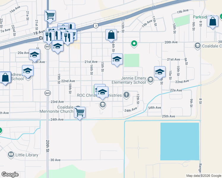 map of restaurants, bars, coffee shops, grocery stores, and more near 1405 22nd Avenue in Coaldale