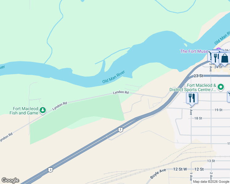 map of restaurants, bars, coffee shops, grocery stores, and more near 305 Lyndon Road in Fort Macleod