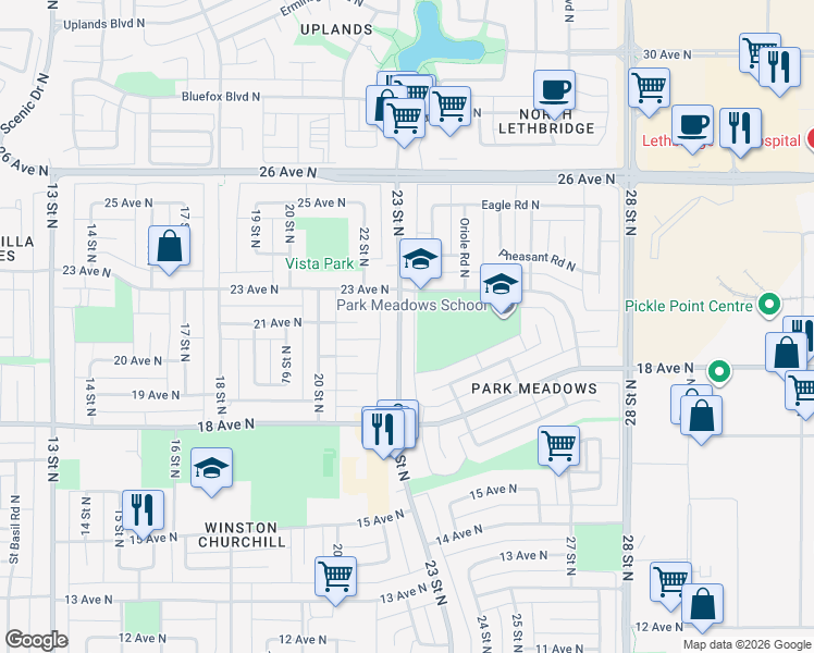 map of restaurants, bars, coffee shops, grocery stores, and more near 2015 23 Street North in Lethbridge