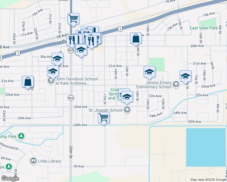 map of restaurants, bars, coffee shops, grocery stores, and more near 2208 16th Street in Coaldale