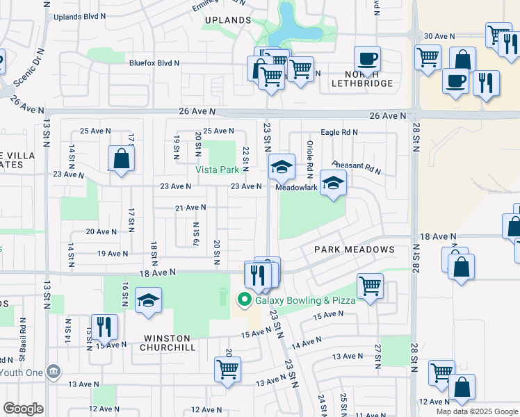 map of restaurants, bars, coffee shops, grocery stores, and more near 2016 23 Street North in Lethbridge
