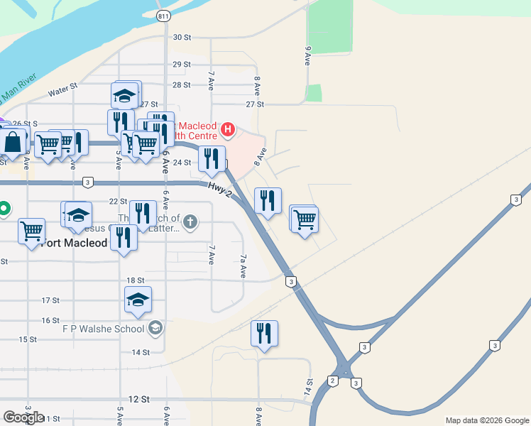 map of restaurants, bars, coffee shops, grocery stores, and more near 2018 8 Avenue in Fort Macleod