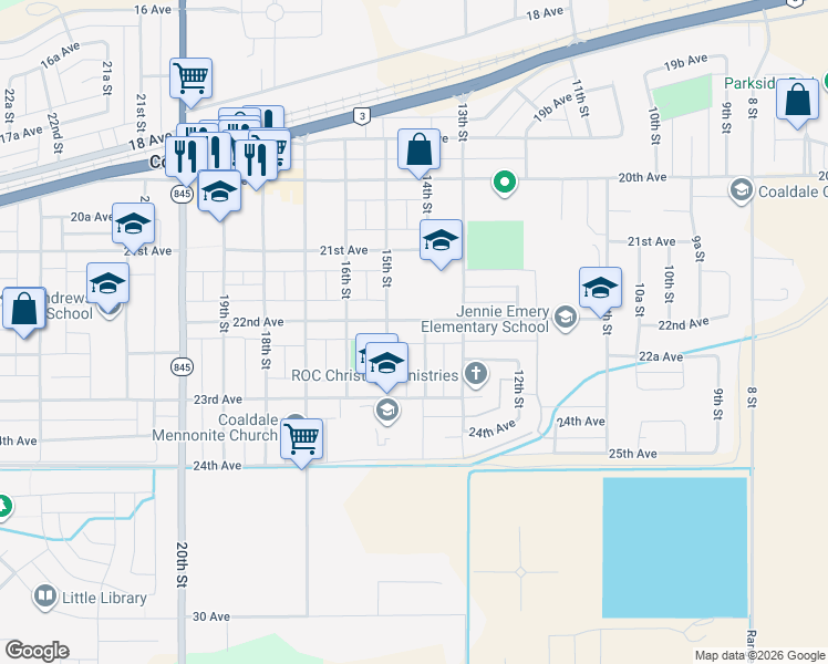 map of restaurants, bars, coffee shops, grocery stores, and more near 1405 22nd Avenue in Coaldale