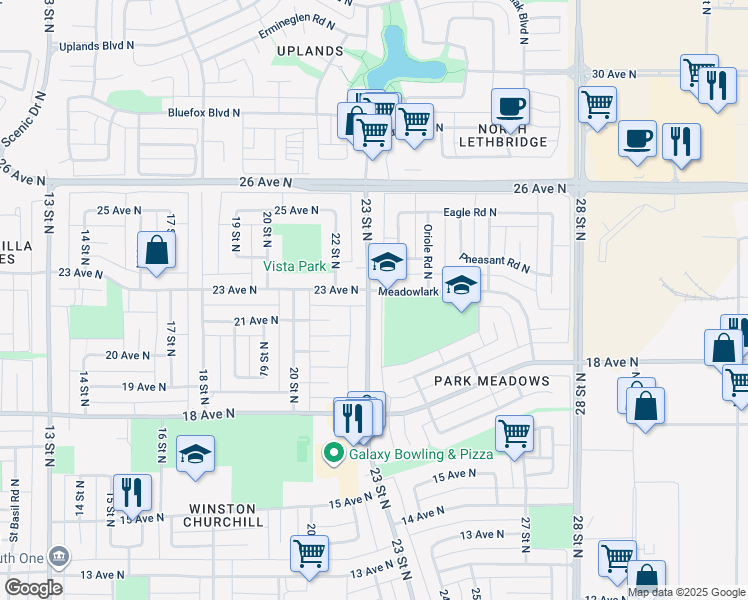 map of restaurants, bars, coffee shops, grocery stores, and more near 2016 23 Street North in Lethbridge