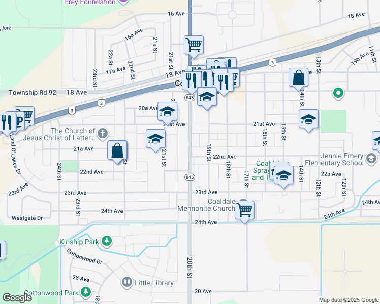 map of restaurants, bars, coffee shops, grocery stores, and more near 2122 20th Street in Coaldale