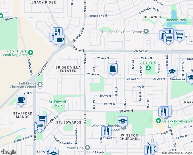 map of restaurants, bars, coffee shops, grocery stores, and more near 1310 23 Avenue North in Lethbridge