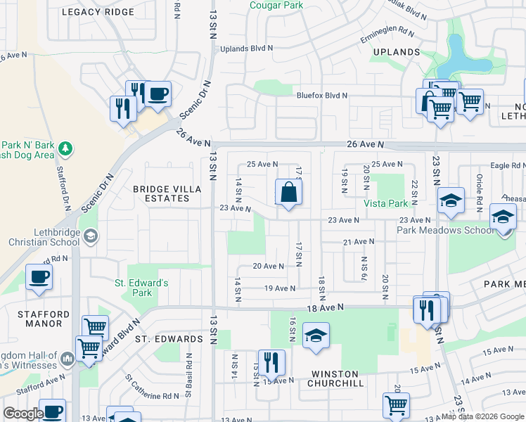 map of restaurants, bars, coffee shops, grocery stores, and more near 1421 23 Avenue North in Lethbridge