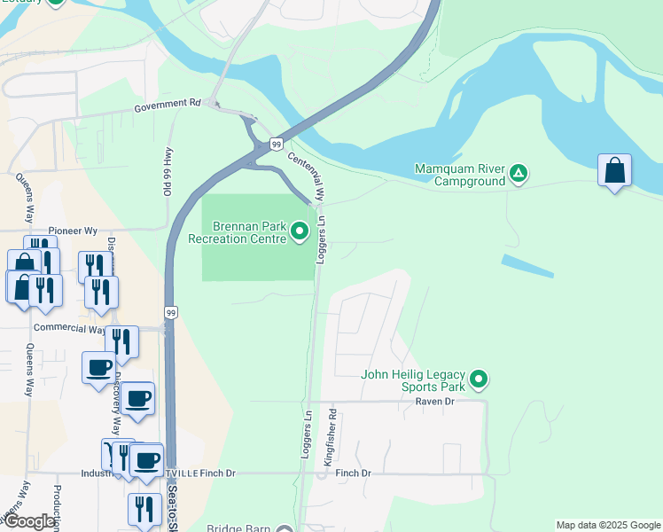 map of restaurants, bars, coffee shops, grocery stores, and more near 39548 Loggers Lane in Squamish