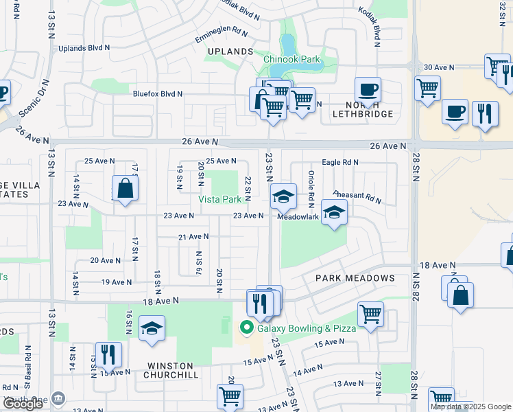 map of restaurants, bars, coffee shops, grocery stores, and more near 2314 23 Street North in Lethbridge