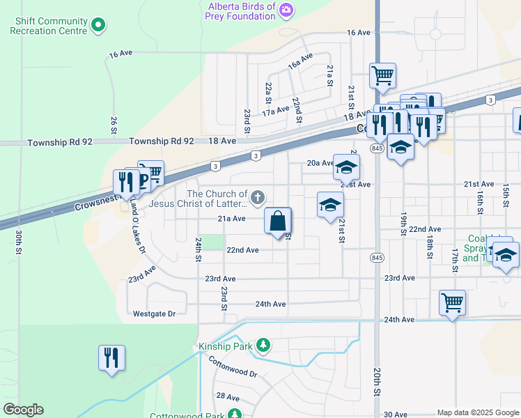 map of restaurants, bars, coffee shops, grocery stores, and more near 2216 21A Avenue in Coaldale