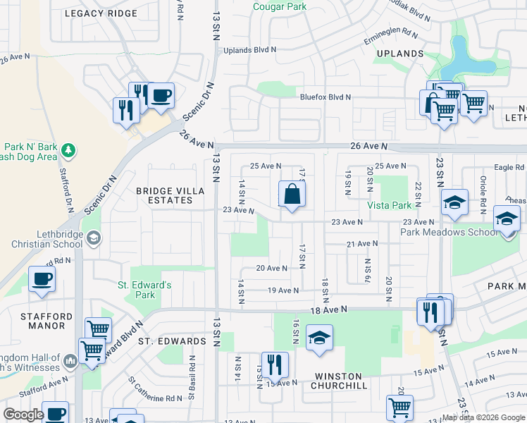 map of restaurants, bars, coffee shops, grocery stores, and more near 1421 23 Avenue North in Lethbridge