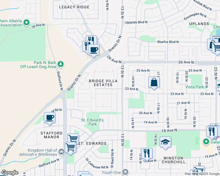 map of restaurants, bars, coffee shops, grocery stores, and more near 2300 13 Street North in Lethbridge