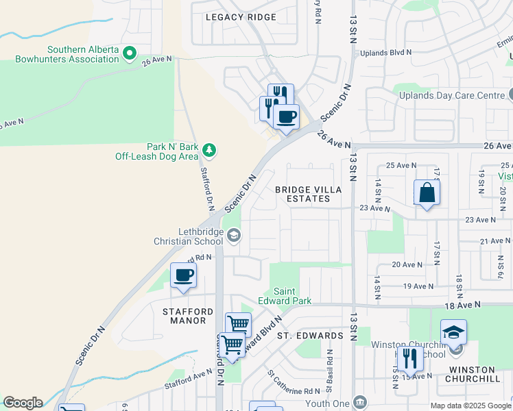 map of restaurants, bars, coffee shops, grocery stores, and more near 179 Saint James Boulevard North in Lethbridge