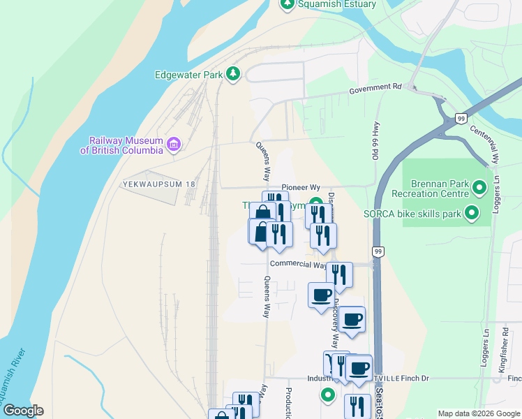 map of restaurants, bars, coffee shops, grocery stores, and more near 39449 Queens Way in Squamish