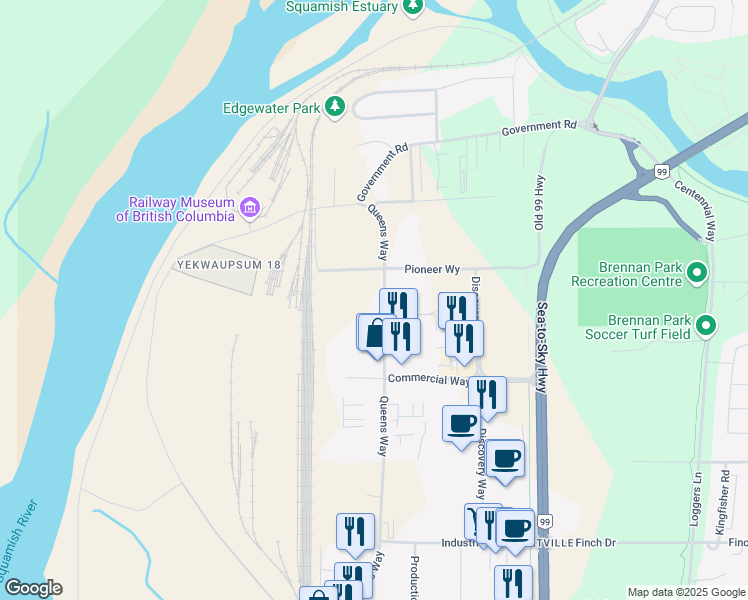 map of restaurants, bars, coffee shops, grocery stores, and more near 39202-39498 Queens Way in Squamish