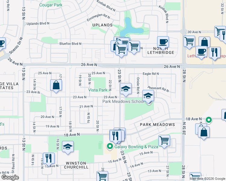 map of restaurants, bars, coffee shops, grocery stores, and more near 2302 23 Street North in Lethbridge